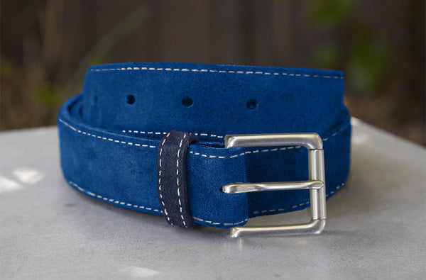Cobalt blue men's suede belt with contrasting loop only at BeltCraft.