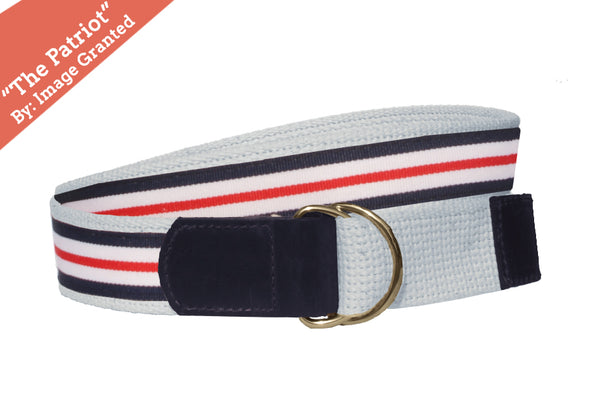 White cotton webbed belt with patriotic stripe. Made for BeltCraft by Image Granted.